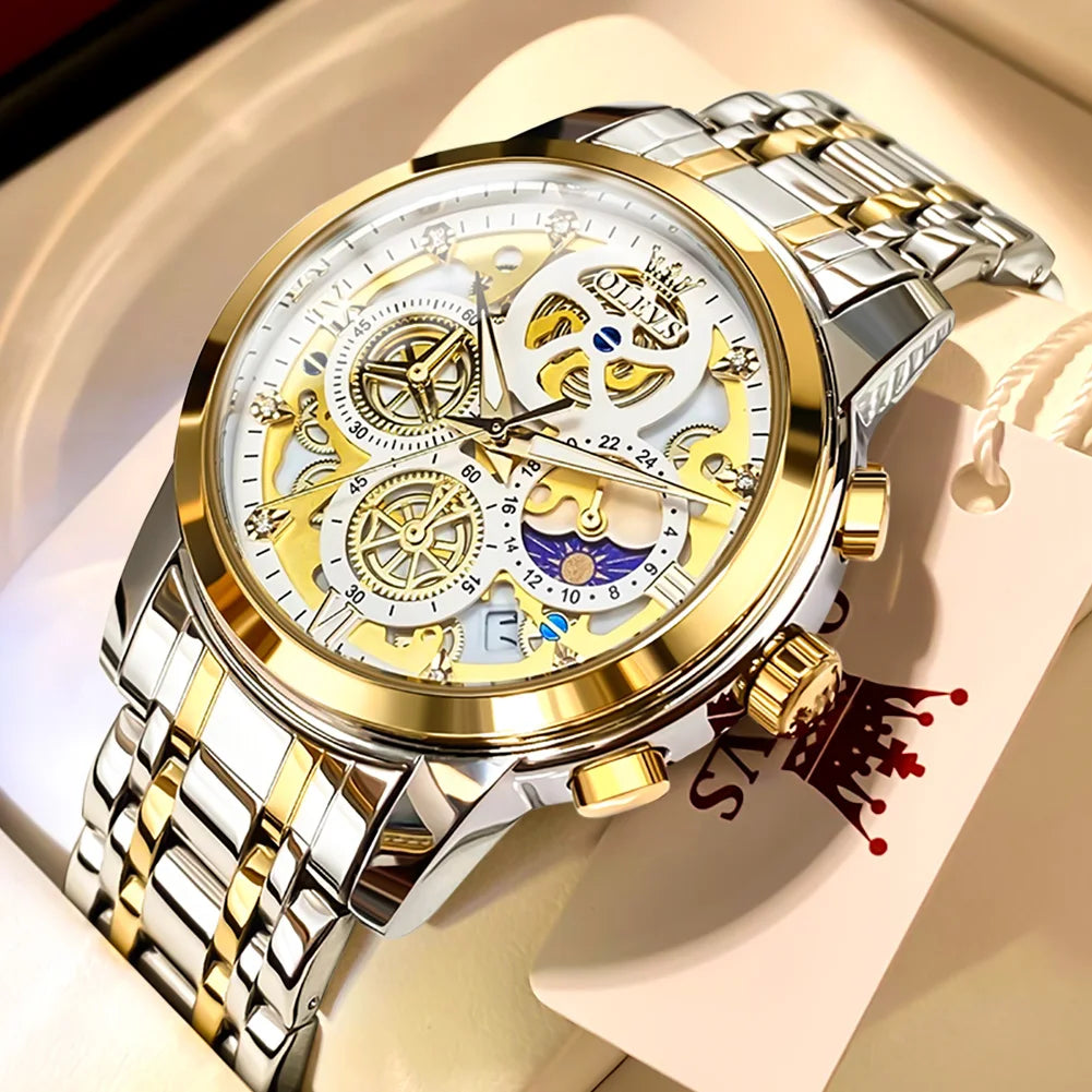 OLEVS Mens Luxury Skeleton Quartz Watch Stainless Steel Waterproof