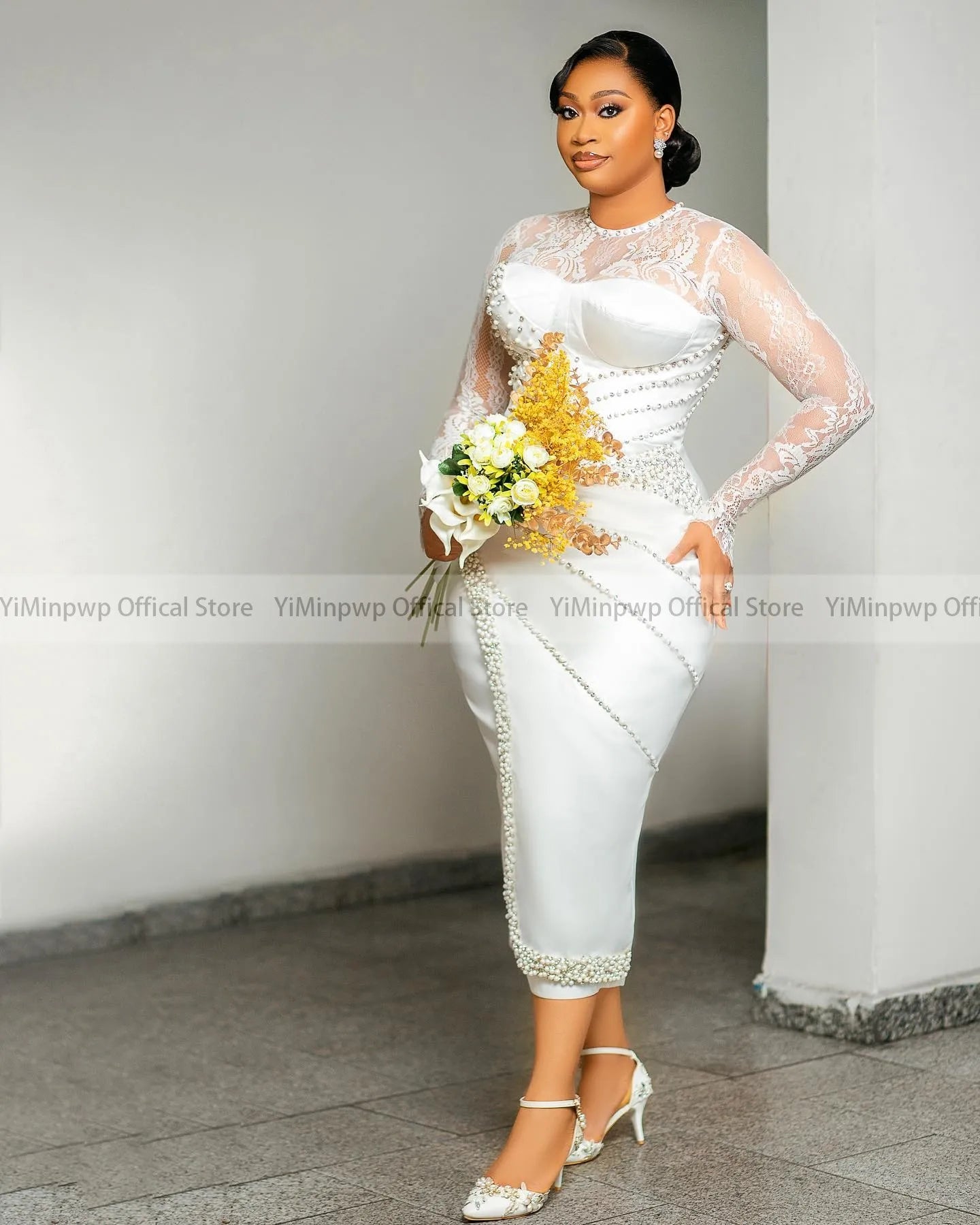 YiMinpwp Civil Wedding Dress O Neck Long Sleeve Tea Length