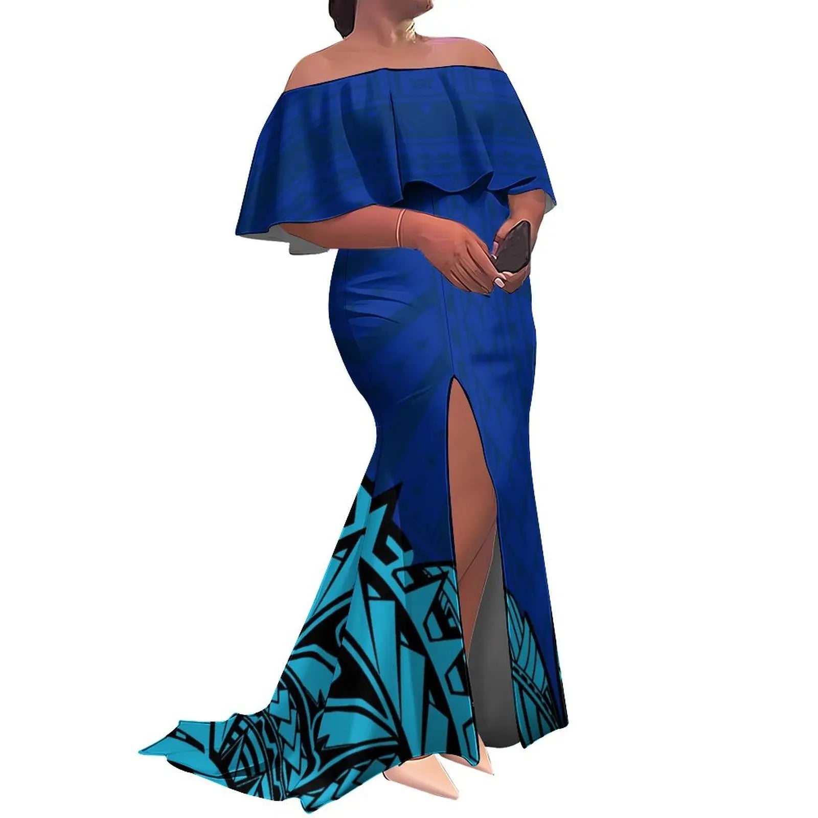 Tax Included Custom  Polynesian Tribal Design  Print Slit Pleated Plus Size Mermaid Dress Off Shoulder Prom Women Dress