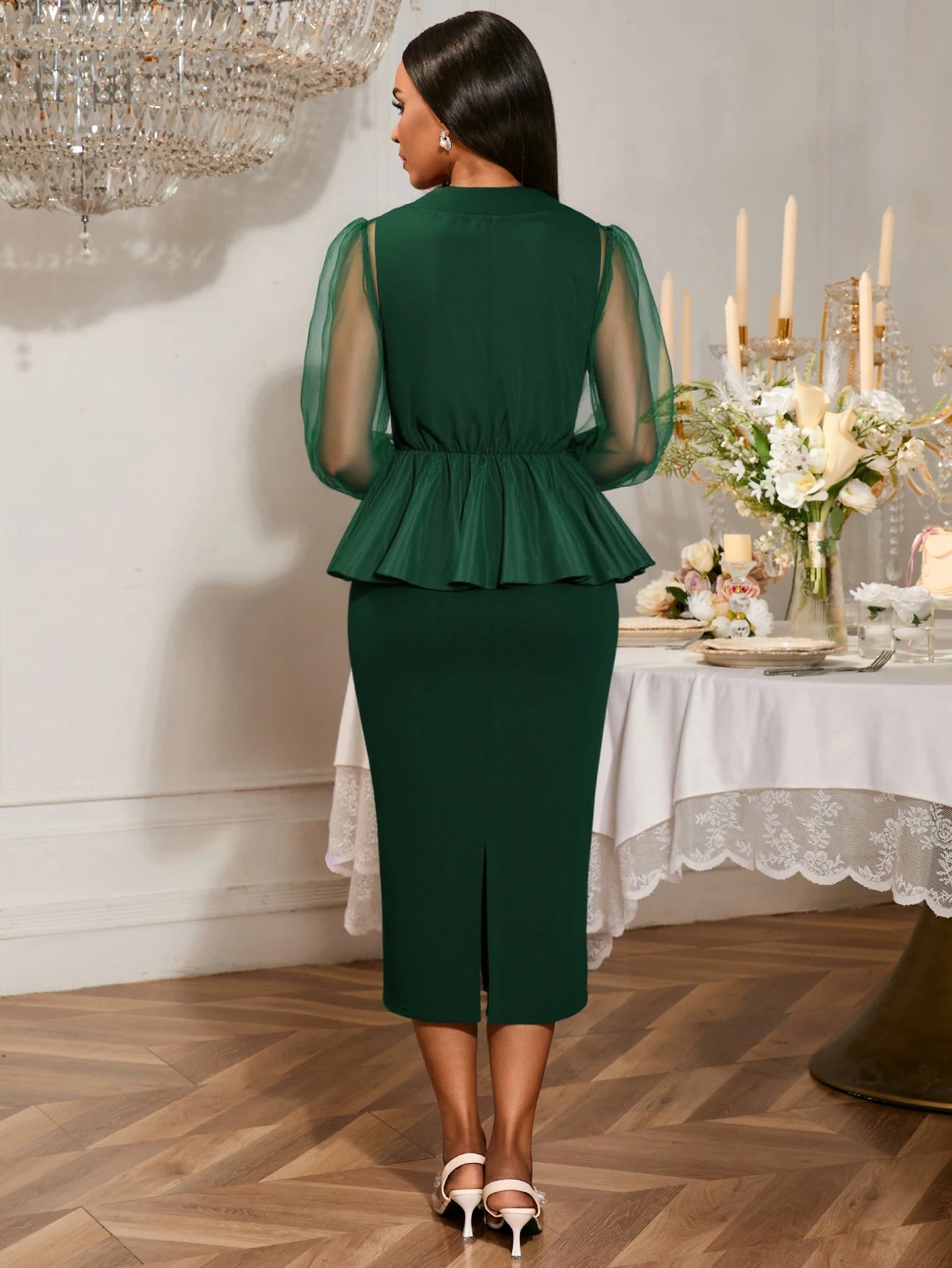 AOMEICN Women Two Piece Set Square Collar Lantern Sleeves Cocktail