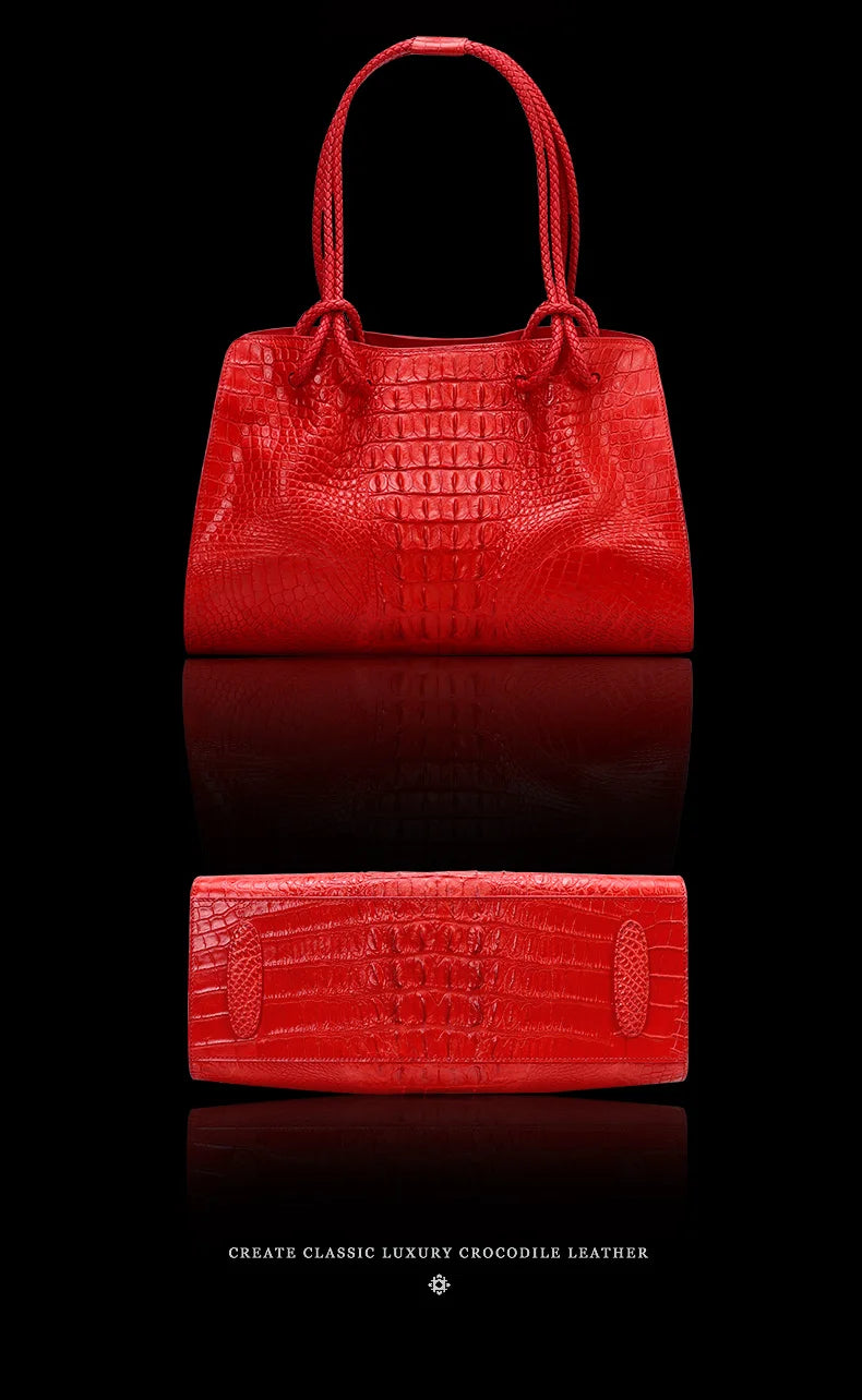 BJYLCN Genuine Leather Womens Travel Tote Bag Crocodile Pattern