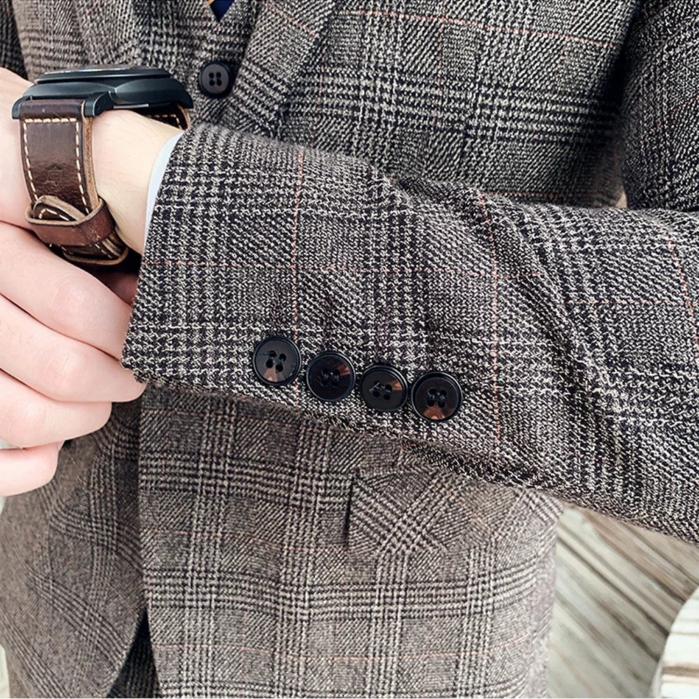 S-7XL (Jacket+Vest+Pants) Fashion Boutique Lattice Formal Business Mens Suit 3Pcs Set Groom Wedding Dress Plaid Suit Show Stage