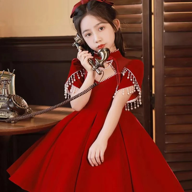 2025 New Red Girls' PrincessElegant Eids,Little Dress, ToddlerSummer Dresses Outfit for Birthday Party Fairy Gown, KidsGirl