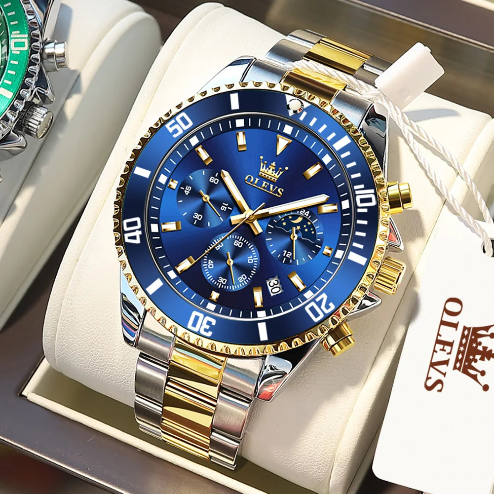 OLEVS Mens Luxury Chronograph Stainless Steel Watch Moon Phase