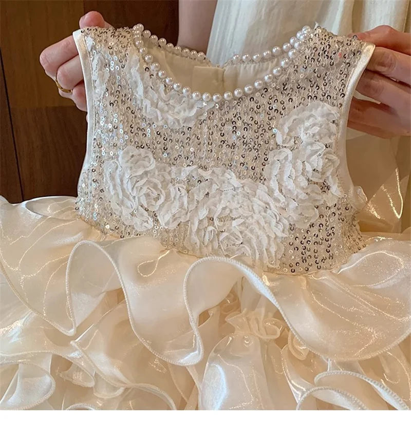Girls Sequin Puffy Dress Kids Bead Flower Hemline Princess Dresses Baby Birthday Party Gown Ball Children Clothes 1-8 Years