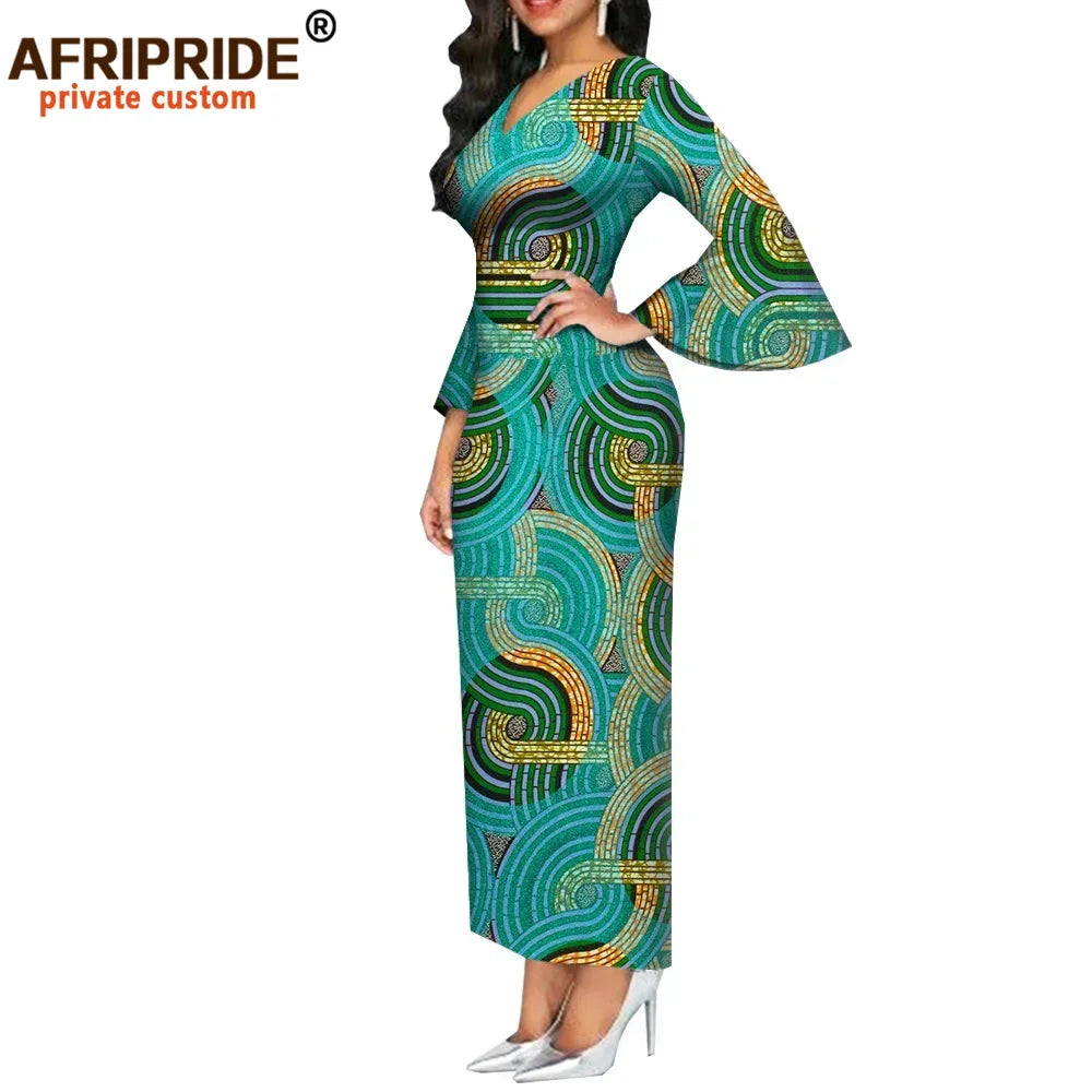 Women`s African Dresses Dashiki Outfits Print Bodycon Long Maxi Dress V Neck Flare Sleeve Party Wedding AFRIPRIDE A1925048