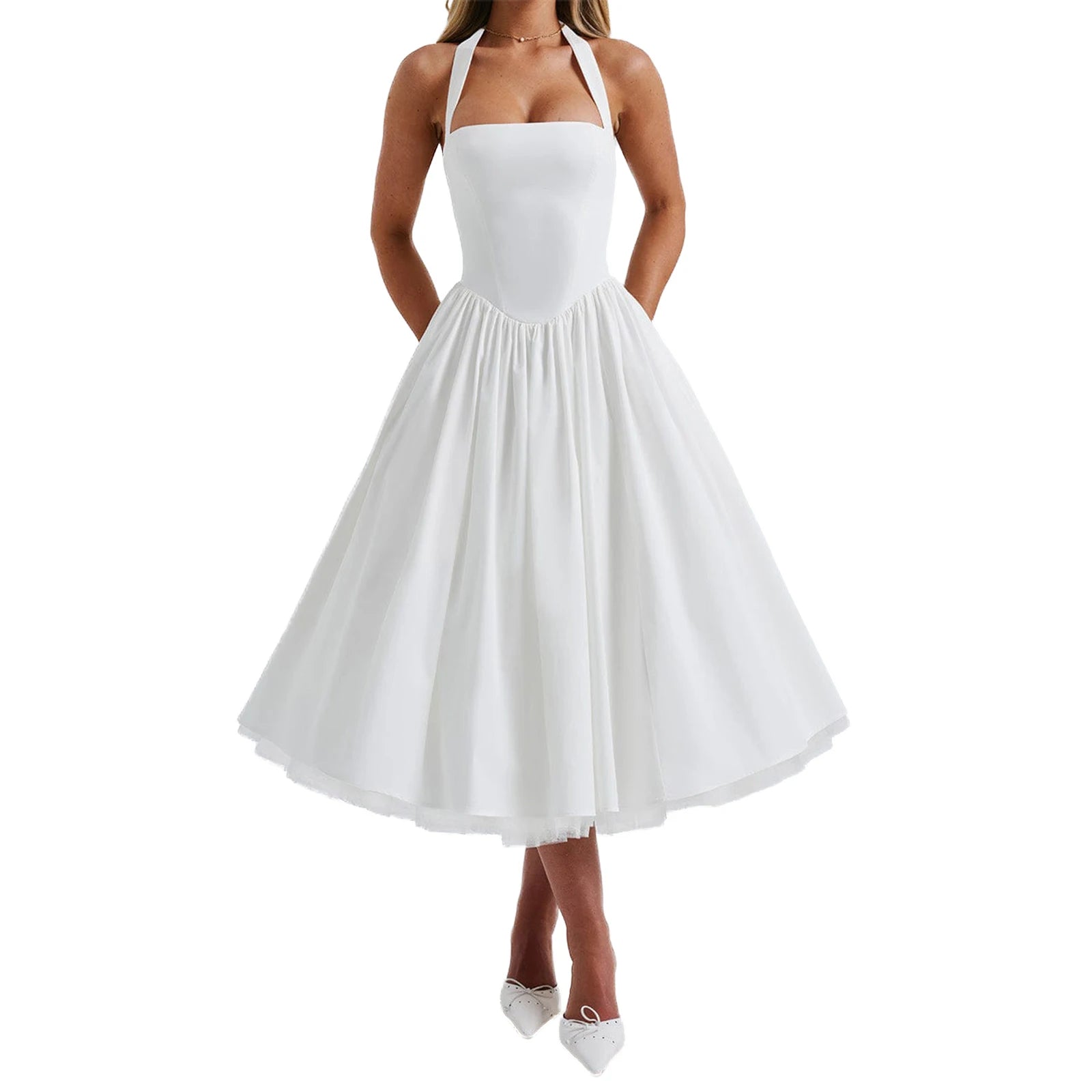 Hirigin Velvet Sleeveless Midi Dress With Halter Neck Open Back