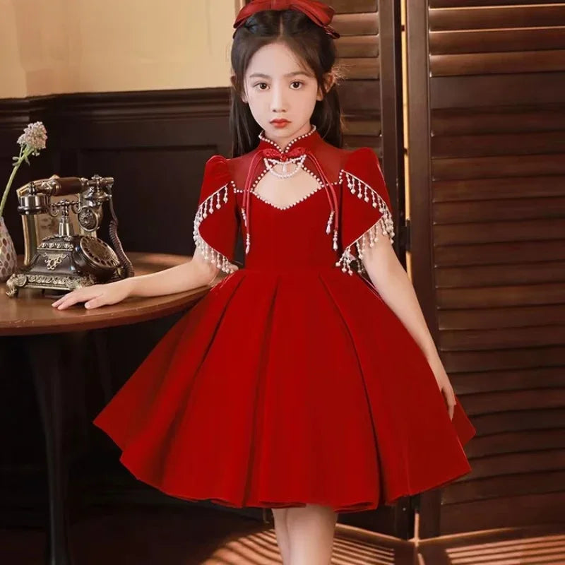 2025 New Red Girls' PrincessElegant Eids,Little Dress, ToddlerSummer Dresses Outfit for Birthday Party Fairy Gown, KidsGirl