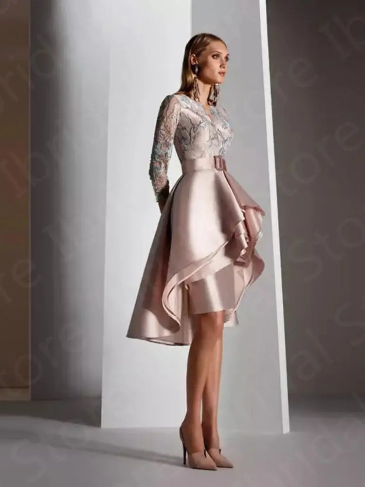 2023 New Arrival Pearl Pink Mother of the Bride Dress High Low Mother Dresses 3/4 Sleeves Lace Wedding Party Gowns Customized