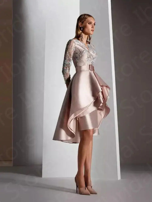 2023 New Arrival Pearl Pink Mother of the Bride Dress High Low Mother Dresses 3/4 Sleeves Lace Wedding Party Gowns Customized