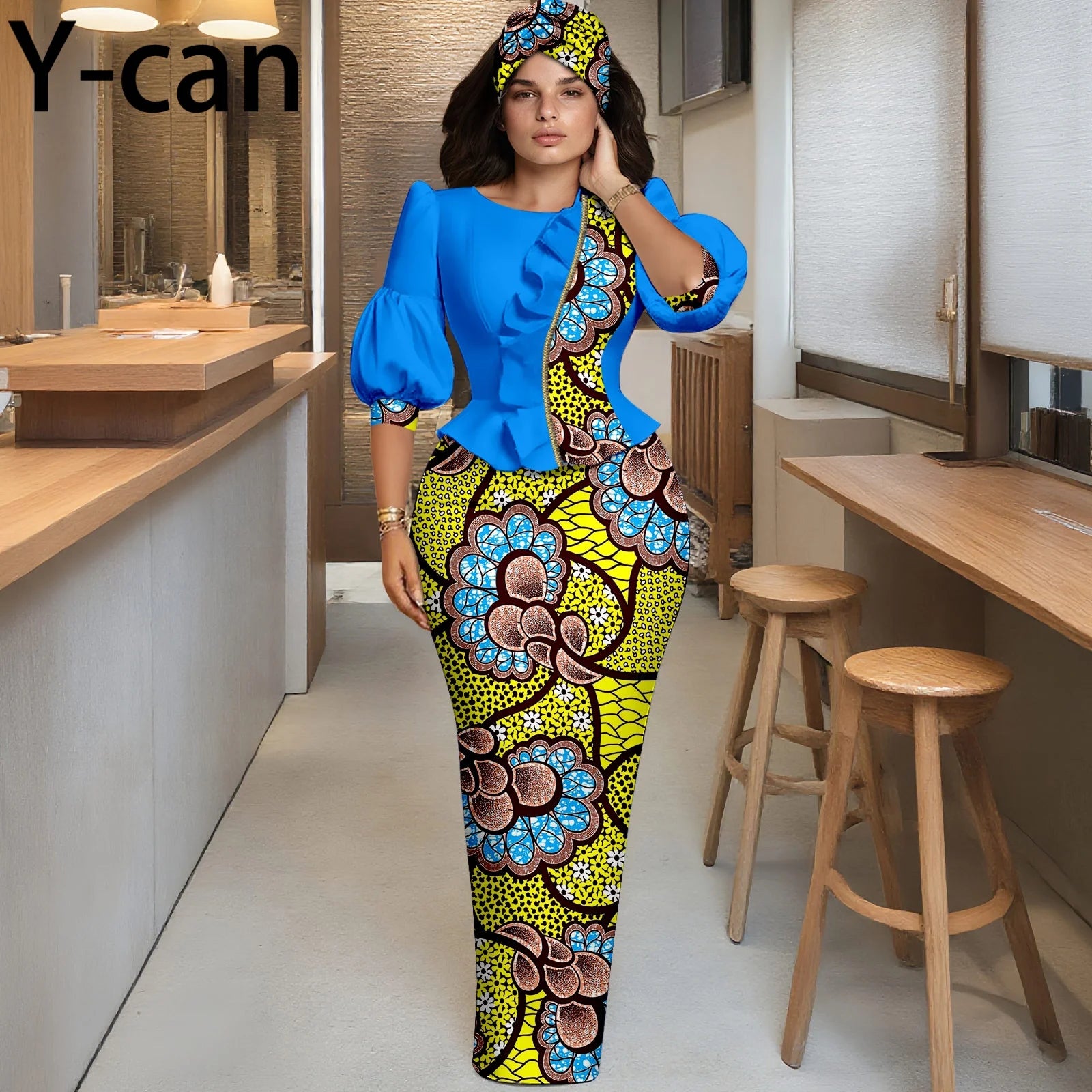 Y-can African Women Skirt Set With Headwrap and Ruffled Top