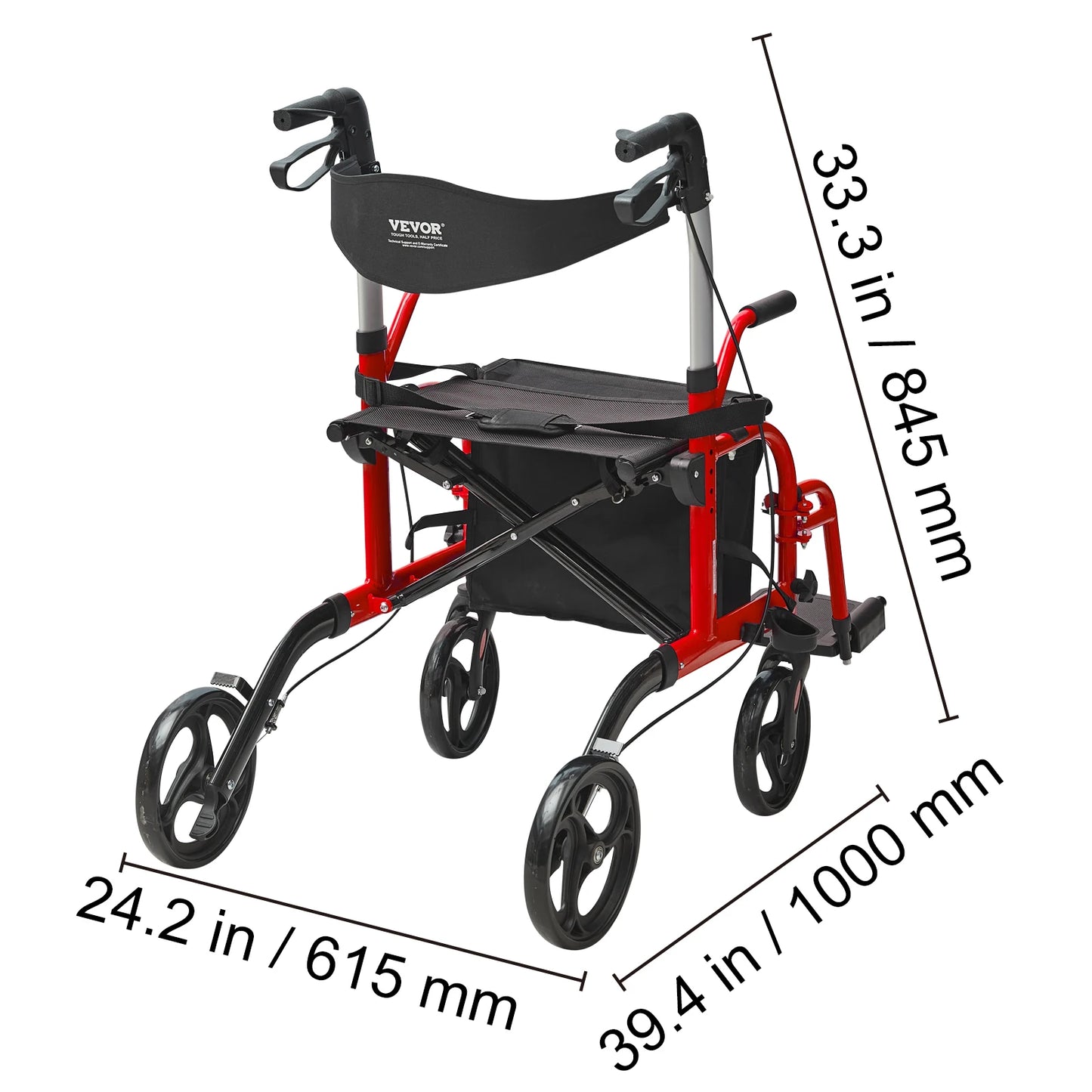 VEVOR 2 In 1 Foldable Rollator Walker Transport Chair