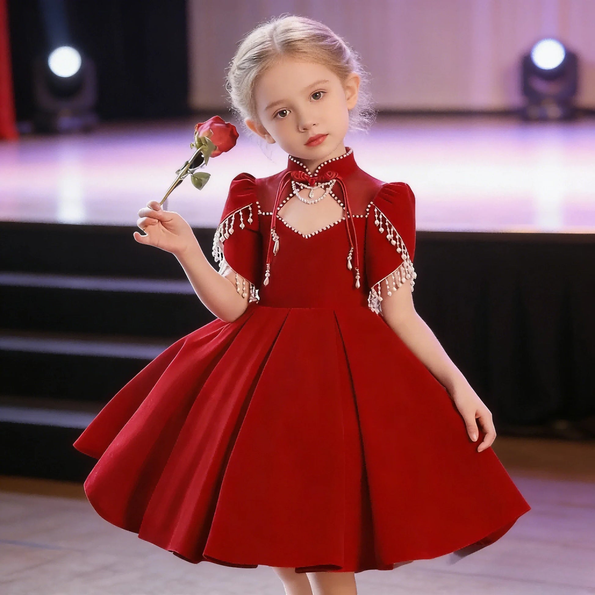 2025 New Red Girls' PrincessElegant Eids,Little Dress, ToddlerSummer Dresses Outfit for Birthday Party Fairy Gown, KidsGirl