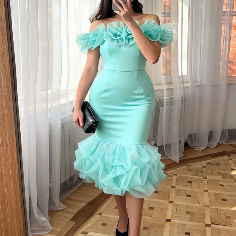 AOMEICN Off Shoulder Mermaid Dress With Ruffle Mesh Patchwork Wedding