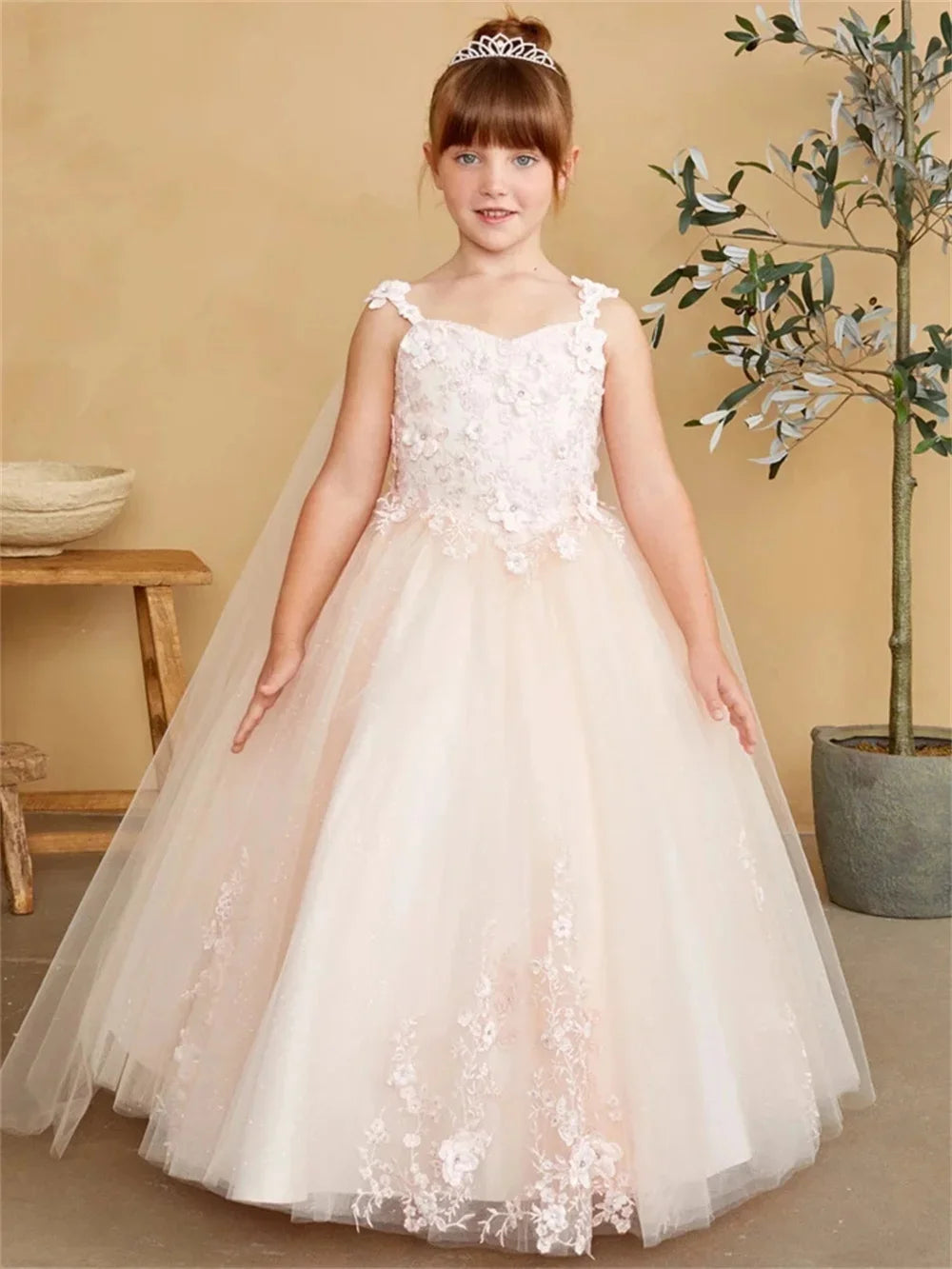 White Flower Girl Dress For Wedding Sleeveless Lace Applique Floor Lenght Kids  Birthday Party First Communion Ball Gown Custom