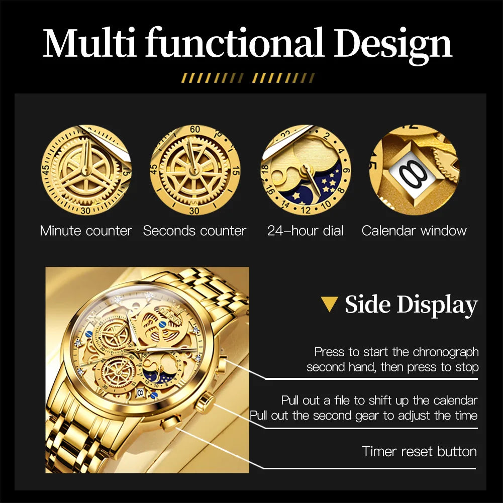 OLEVS Mens Luxury Skeleton Quartz Watch Stainless Steel Waterproof