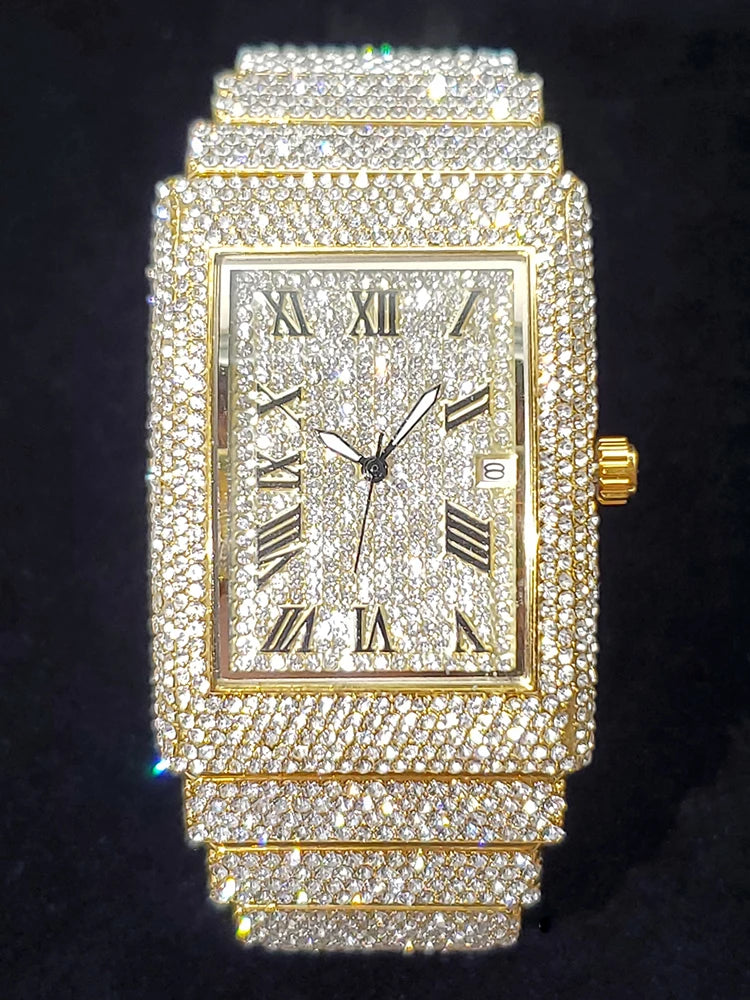 Gold Men's Watches Rectangle Dial Luxury Diamond Fashion Big Wristwatches Luminous Point Iced Quartz Watch For Men Dropshipping