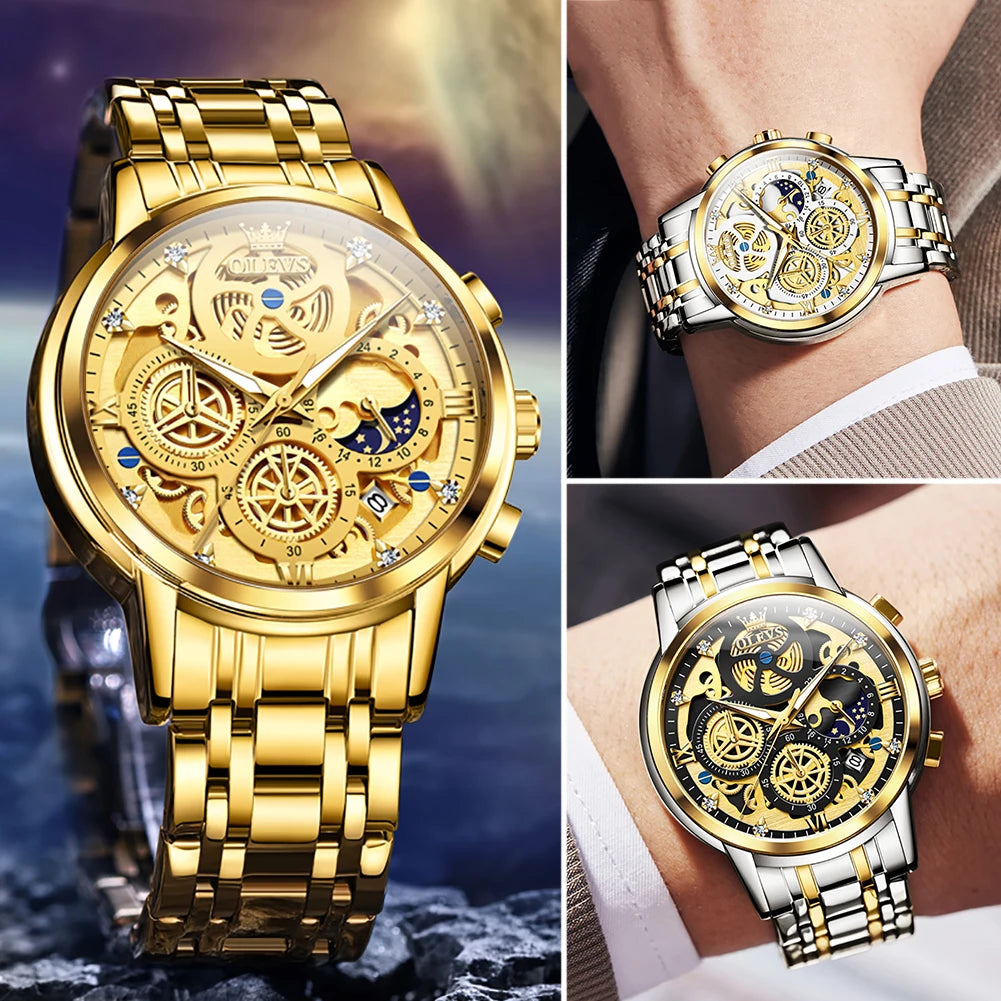 OLEVS Mens Luxury Skeleton Quartz Watch Stainless Steel Waterproof