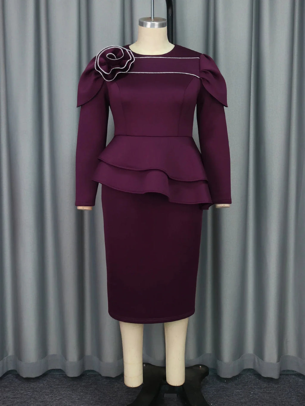 AOMEICN Women Long Sleeve Midi Dress With 3D Flowers Peplum