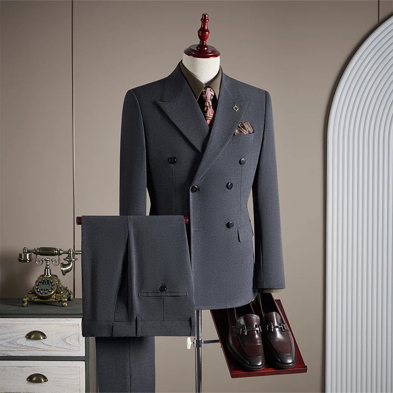 NONECN Men's Double Breasted Wedding Suit Set Slim Fit Three-Piece