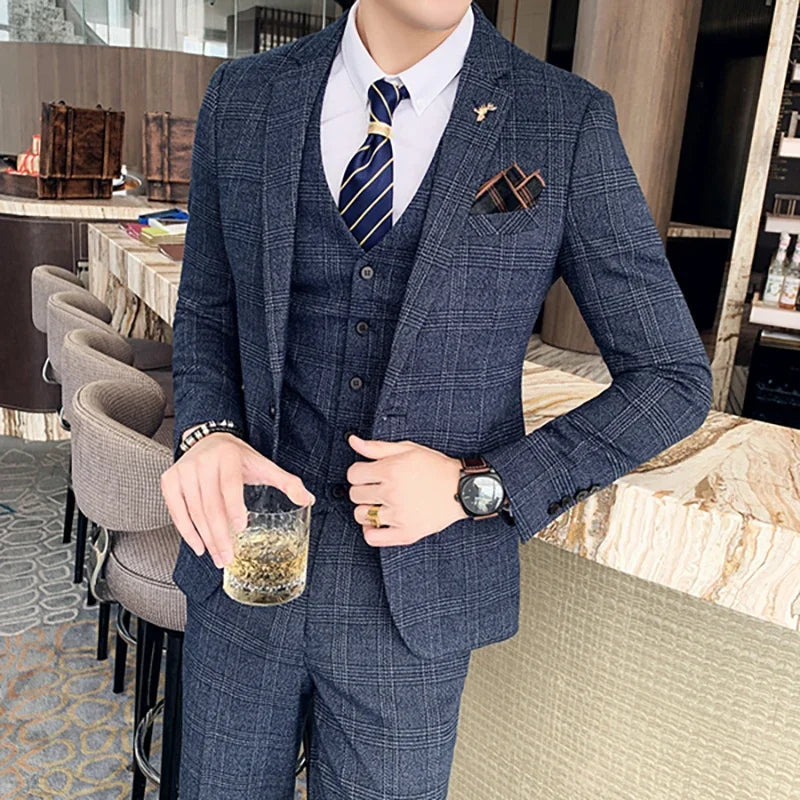 S-7XL (Jacket+Vest+Pants) Fashion Boutique Lattice Formal Business Mens Suit 3Pcs Set Groom Wedding Dress Plaid Suit Show Stage