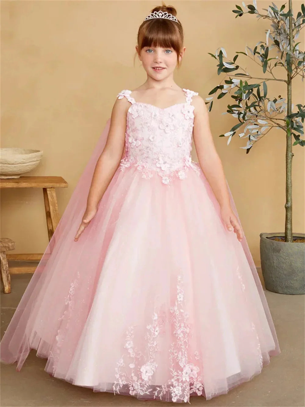 White Flower Girl Dress For Wedding Sleeveless Lace Applique Floor Lenght Kids  Birthday Party First Communion Ball Gown Custom