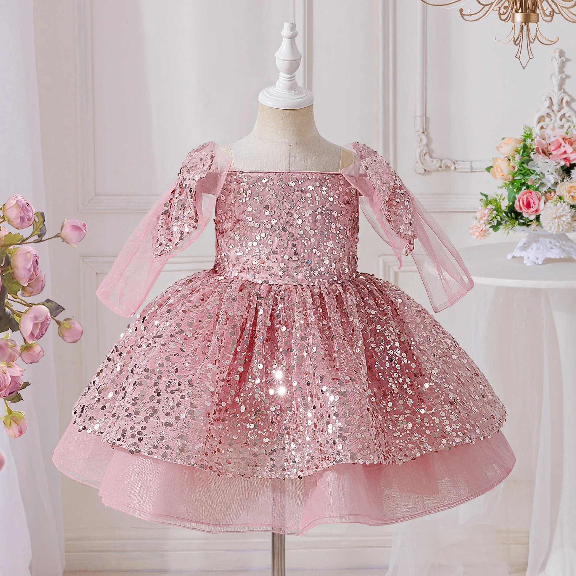 PLBBFZ Girls Sequin Bow Dress Tulle Party Princess Prom