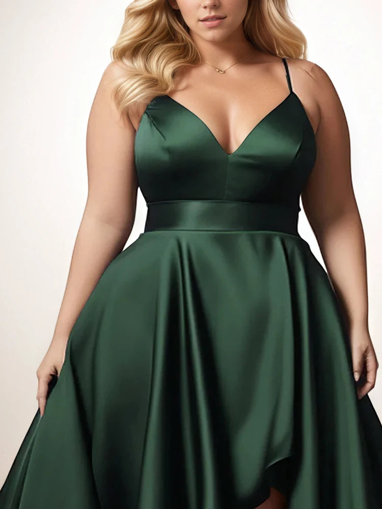 Elegant Plus Size Evening Dress for Women Spaghetti Strap Irregular Hem Pleated A-Line Sexy V-Neck Summer Party Wedding Dress