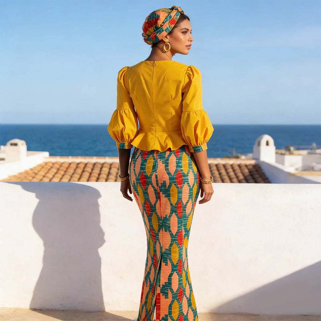 Y-can African Women Skirt Set With Headwrap and Ruffled Top
