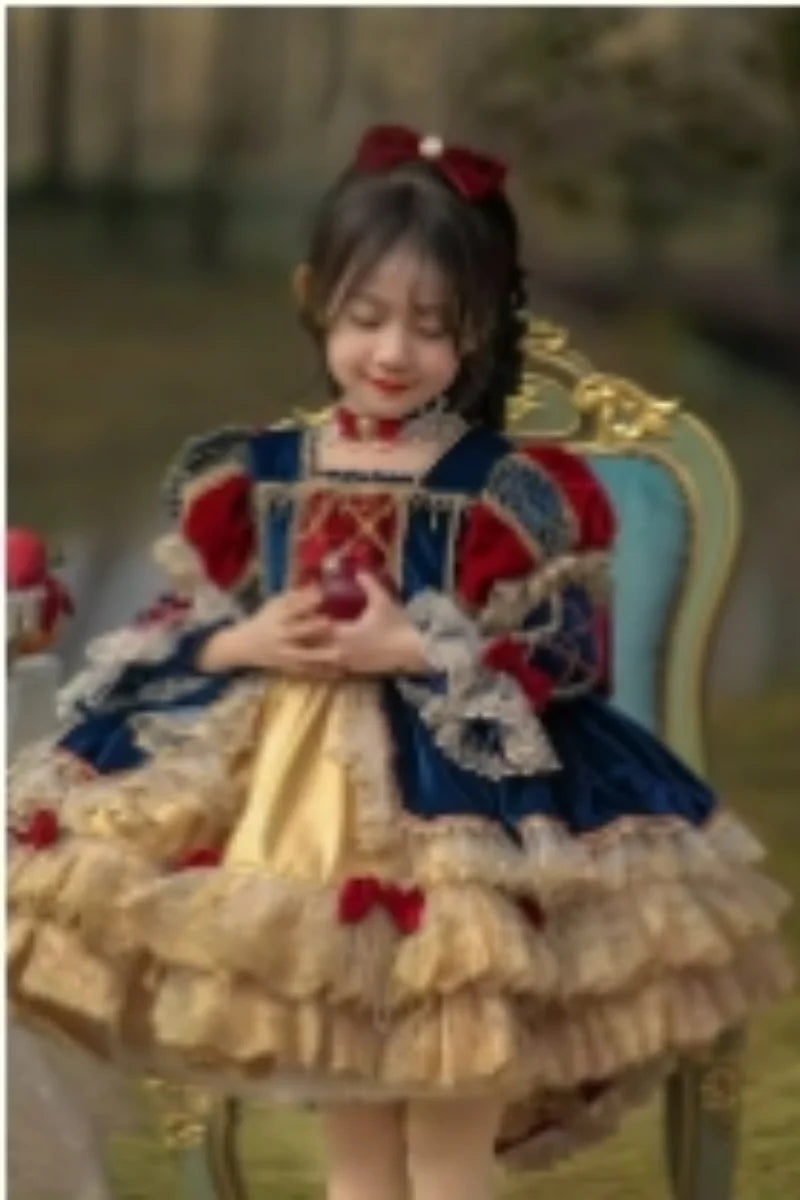 Baby Girl Spanish Princess Lolita Dress for Birthday Party Autumn Winter Royal Blue Velvet Palace Vintage Pompom Boutique Gowns