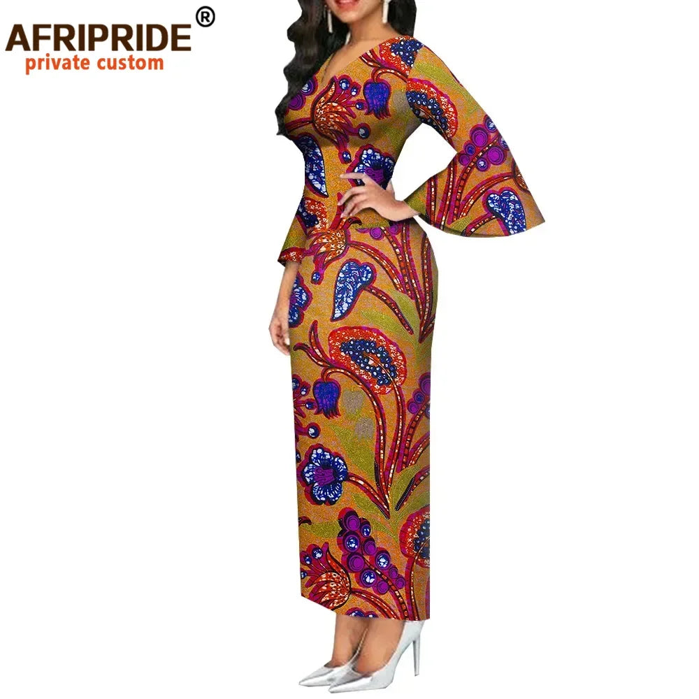 Women`s African Dresses Dashiki Outfits Print Bodycon Long Maxi Dress V Neck Flare Sleeve Party Wedding AFRIPRIDE A1925048