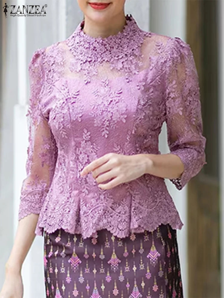 ZANZEA Summer Lace Blouse Hollow Out Floral Tunic
