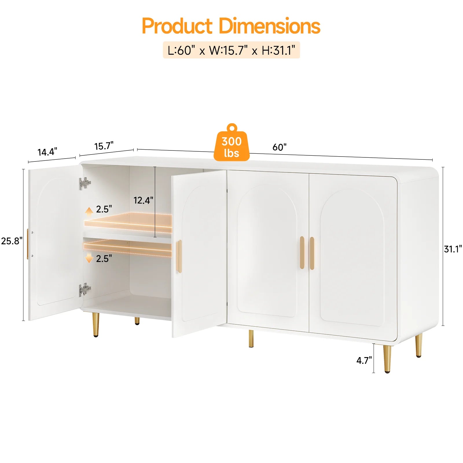 ONBRILL Modern Sideboard Buffet Cabinet With 4 Doors Adjustable Shelves