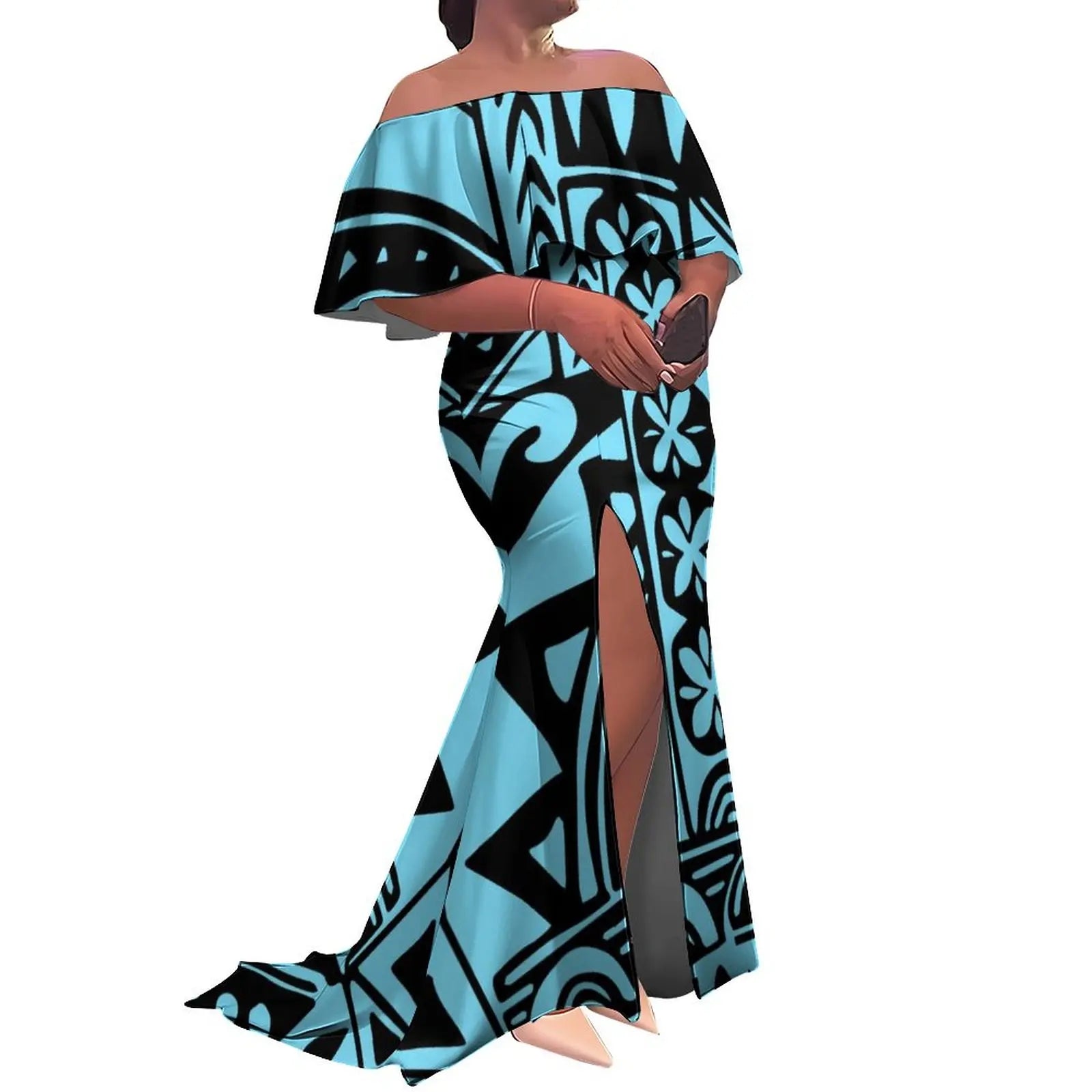 Tax Free Custom Logo Ladies Fishtail Evening Dress Polynesian Frill Off the Shoulder Split Mermaid Long Maxi New Zealand Dress