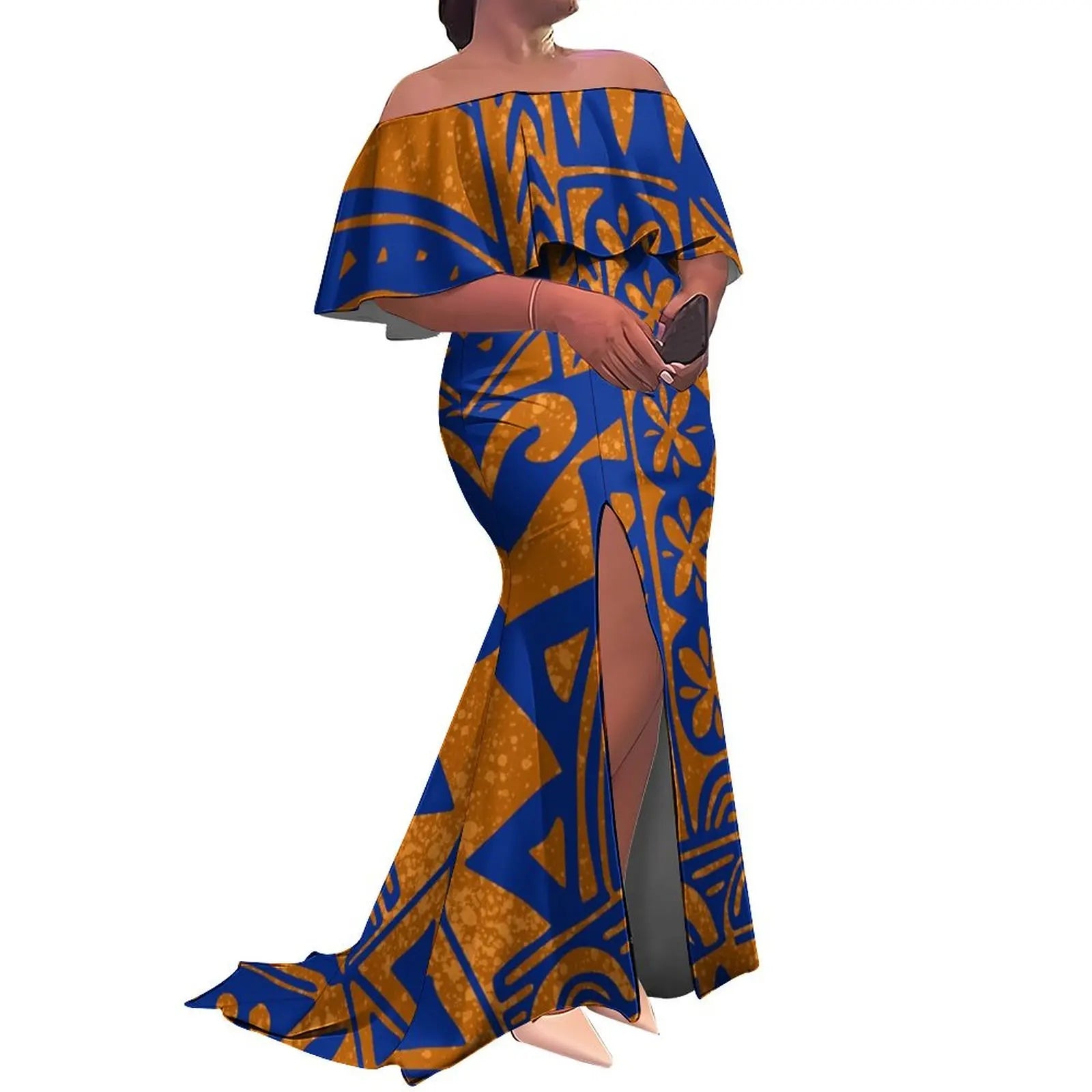 Tax Free Custom Logo Ladies Fishtail Evening Dress Polynesian Frill Off the Shoulder Split Mermaid Long Maxi New Zealand Dress