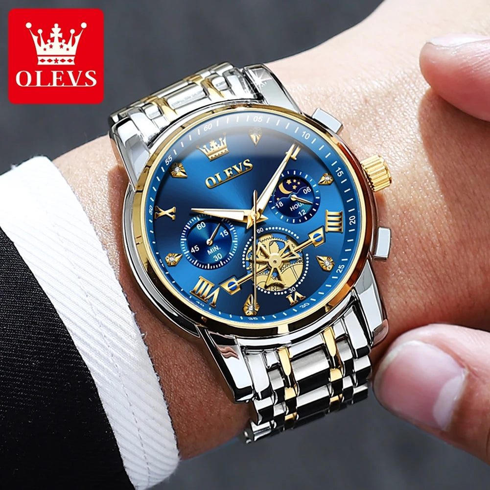 OLEVS 2856 Quartz Men Watch Flywheel Skeleton Chronograph Moon Phase