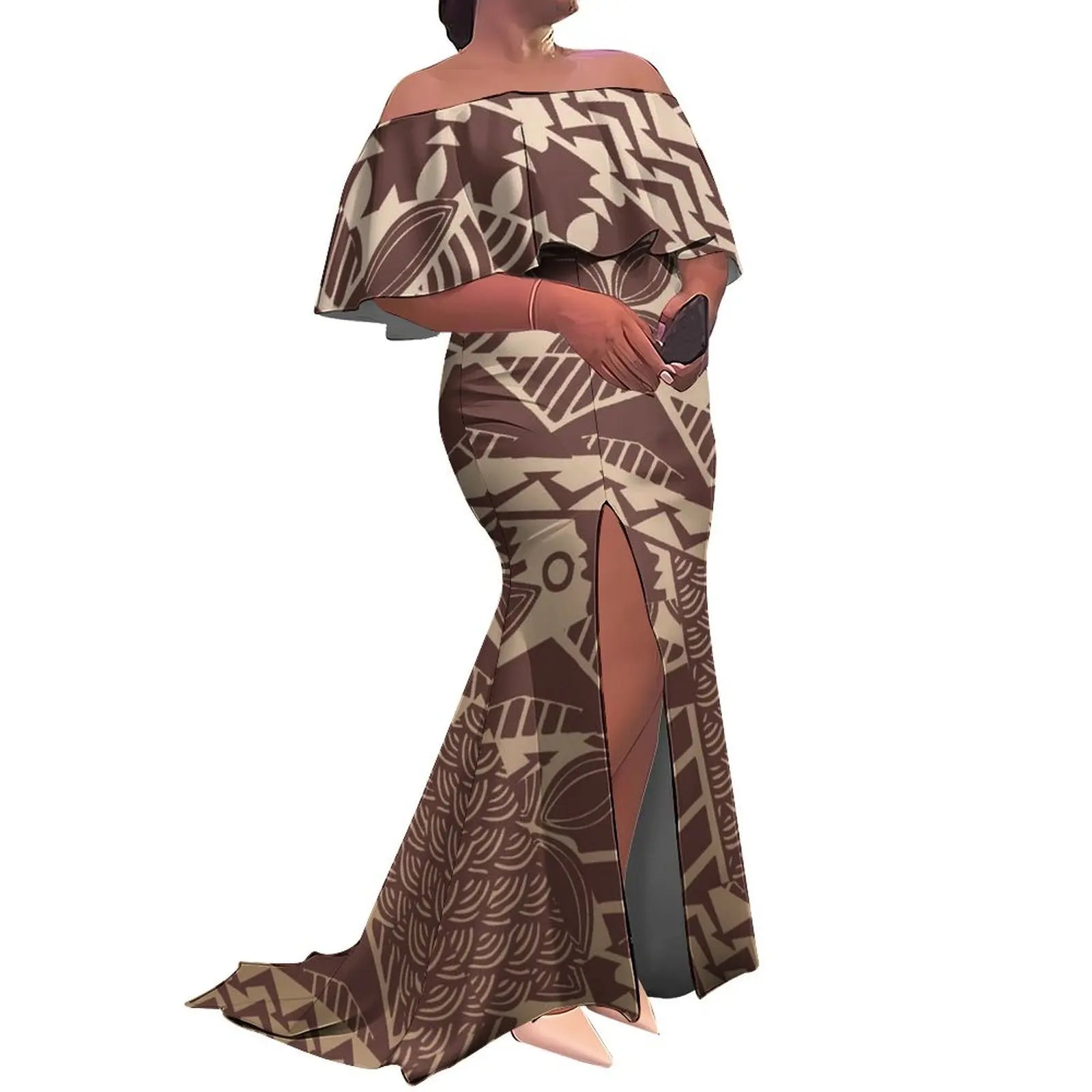 Tax Included Custom  Polynesian Tribal Design  Print Slit Pleated Plus Size Mermaid Dress Off Shoulder Prom Women Dress