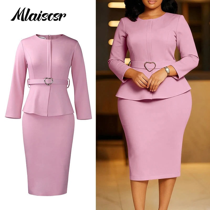 Mlaiscsr African Women Formal Office Dress With Belt O Neck Long Sleeve