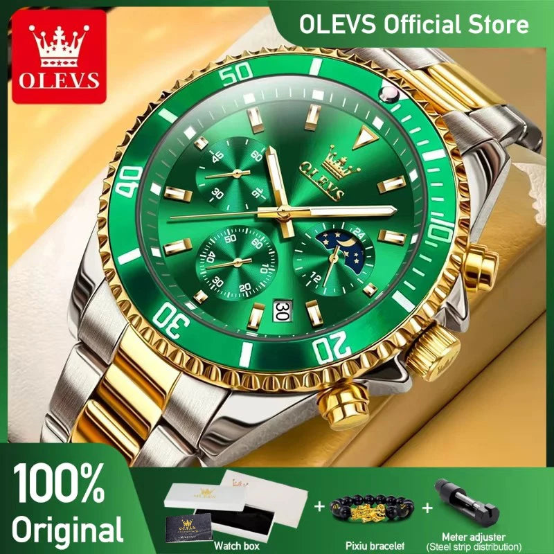 OLEVS Mens Luxury Chronograph Stainless Steel Watch Moon Phase