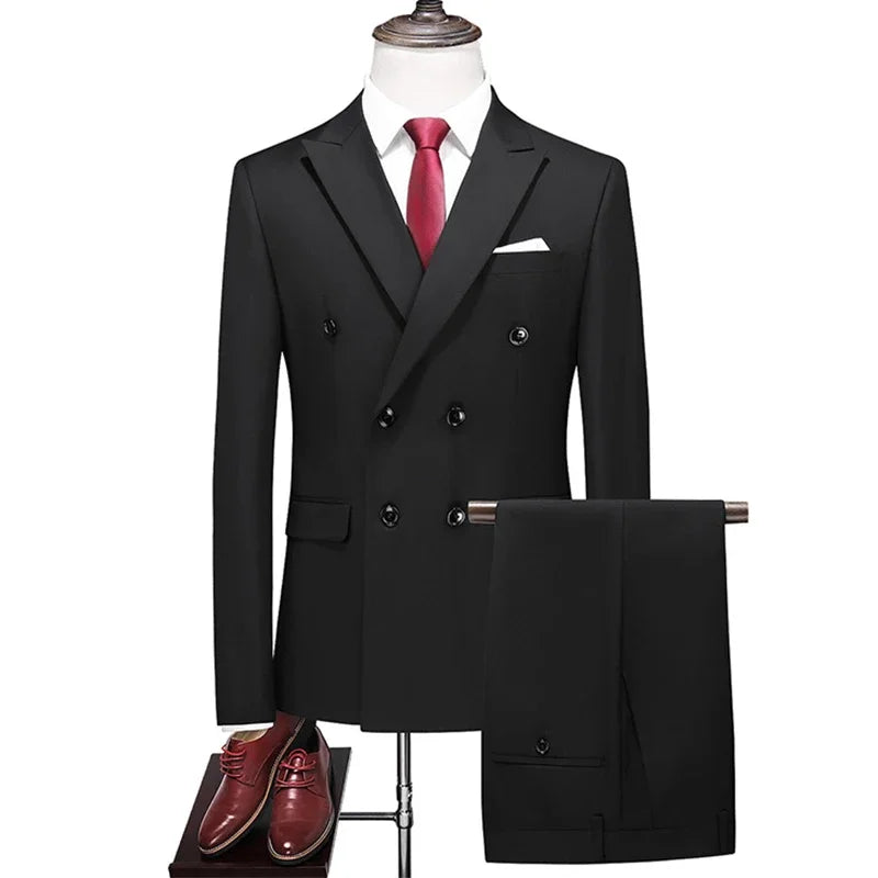 Mens Double Breasted Suit Blazer Pants British Style Business Formal