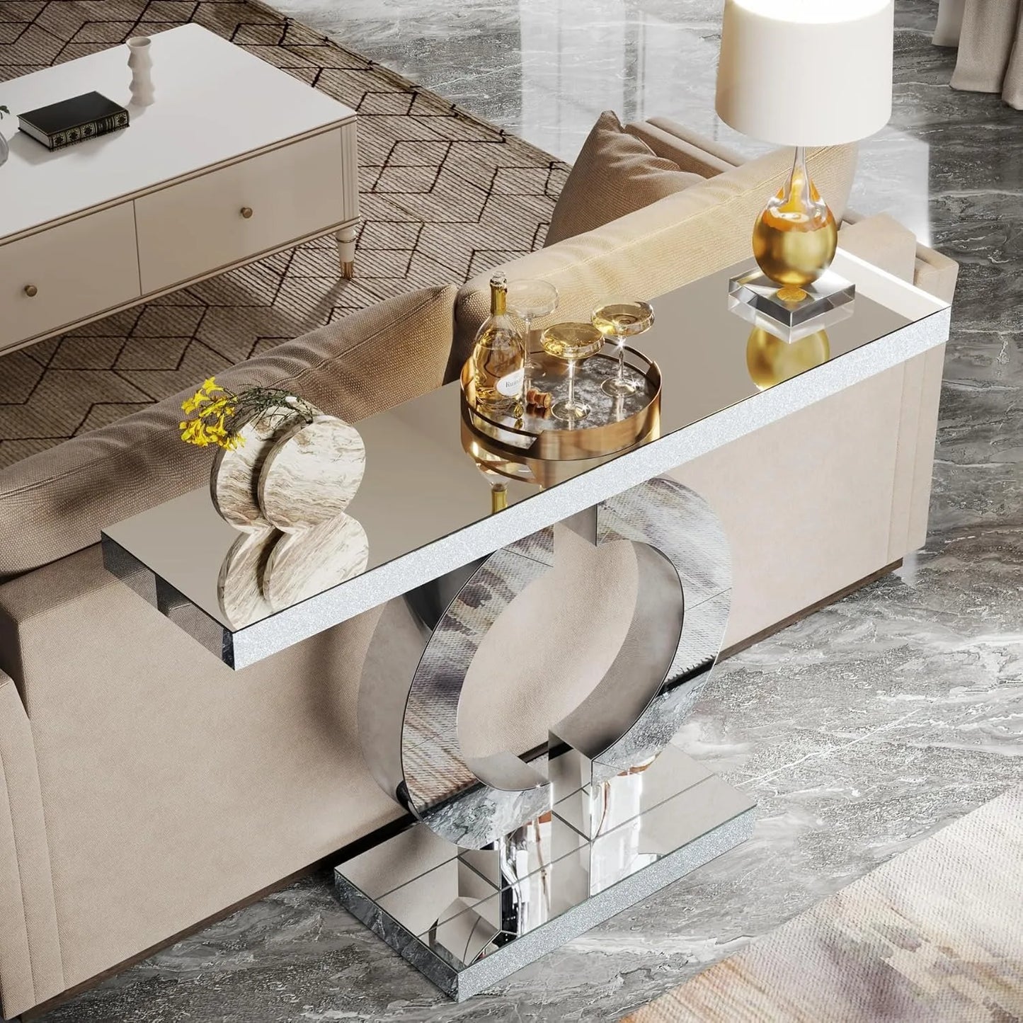 LITTLE TREE Mirrored Console Table With O Shaped Base