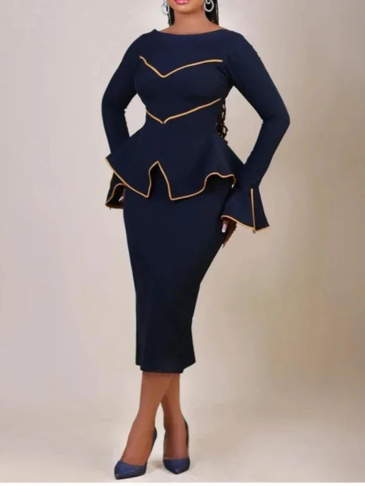 AOMEICN Elegant Women Office Dress Round Neck Ruffle Edge Long Sleeve Workwear