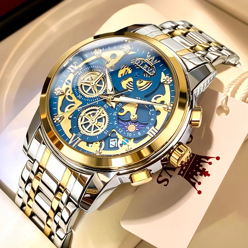 OLEVS Mens Luxury Skeleton Quartz Watch Stainless Steel Waterproof
