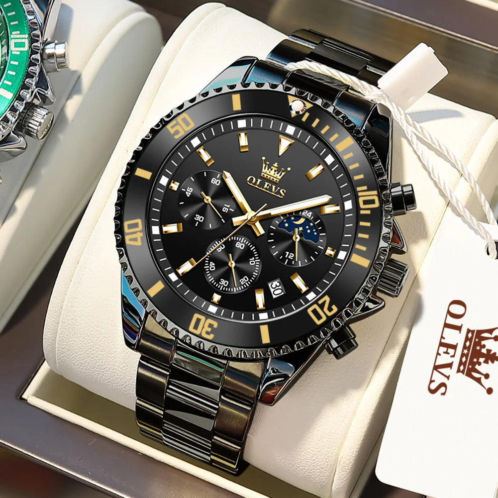OLEVS Men's Luxury Chronograph Moon Phase Stainless Steel Watch
