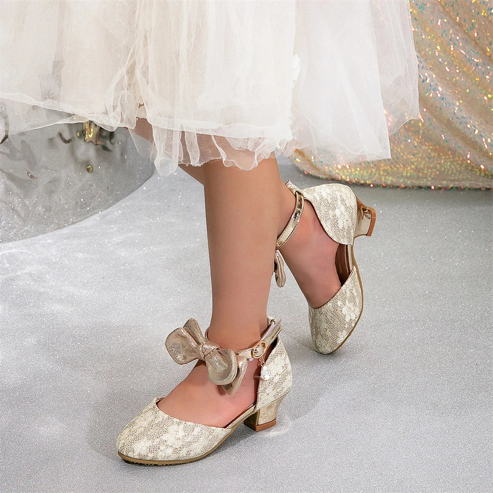 Shiny Luxury Children Wedding Bridesmaids Elegant Party High Heels Leather Shoes Ankle Length Gala Celebration Fancy Girl Sandal