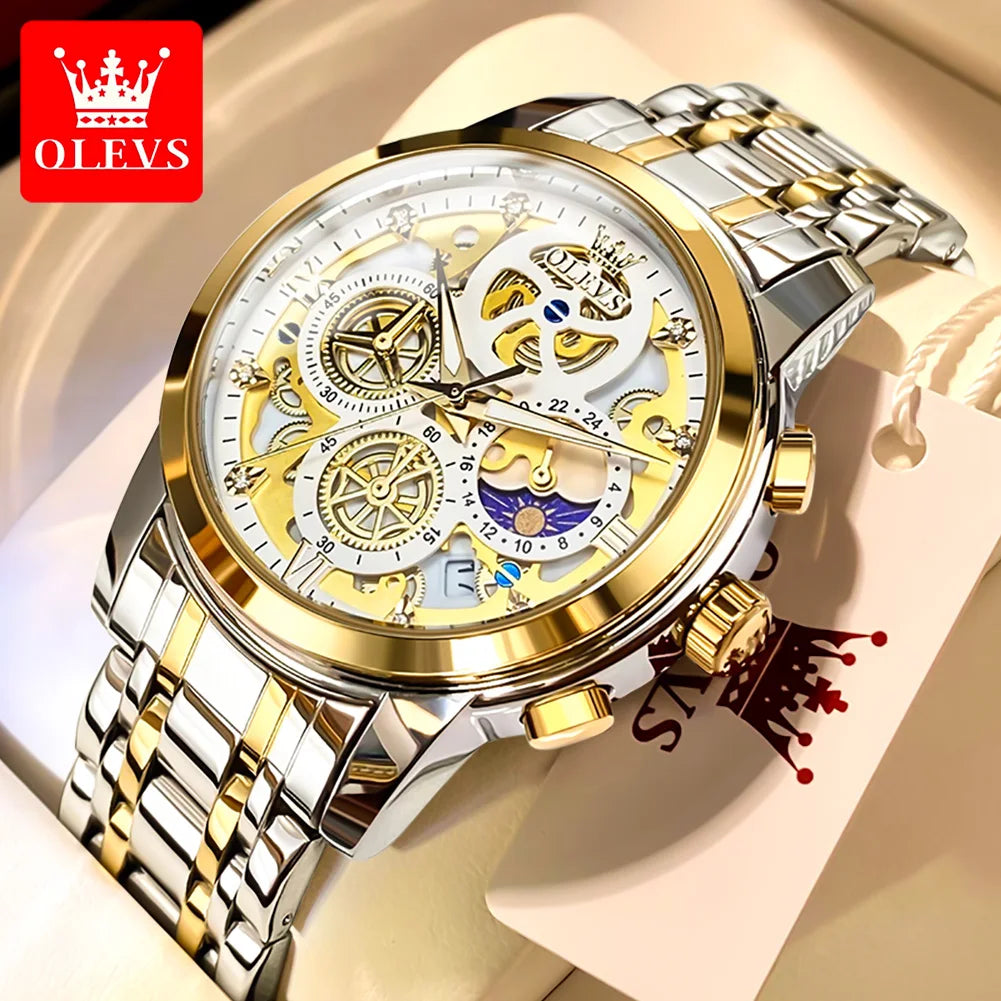 OLEVS Mens Luxury Skeleton Quartz Watch Stainless Steel Waterproof