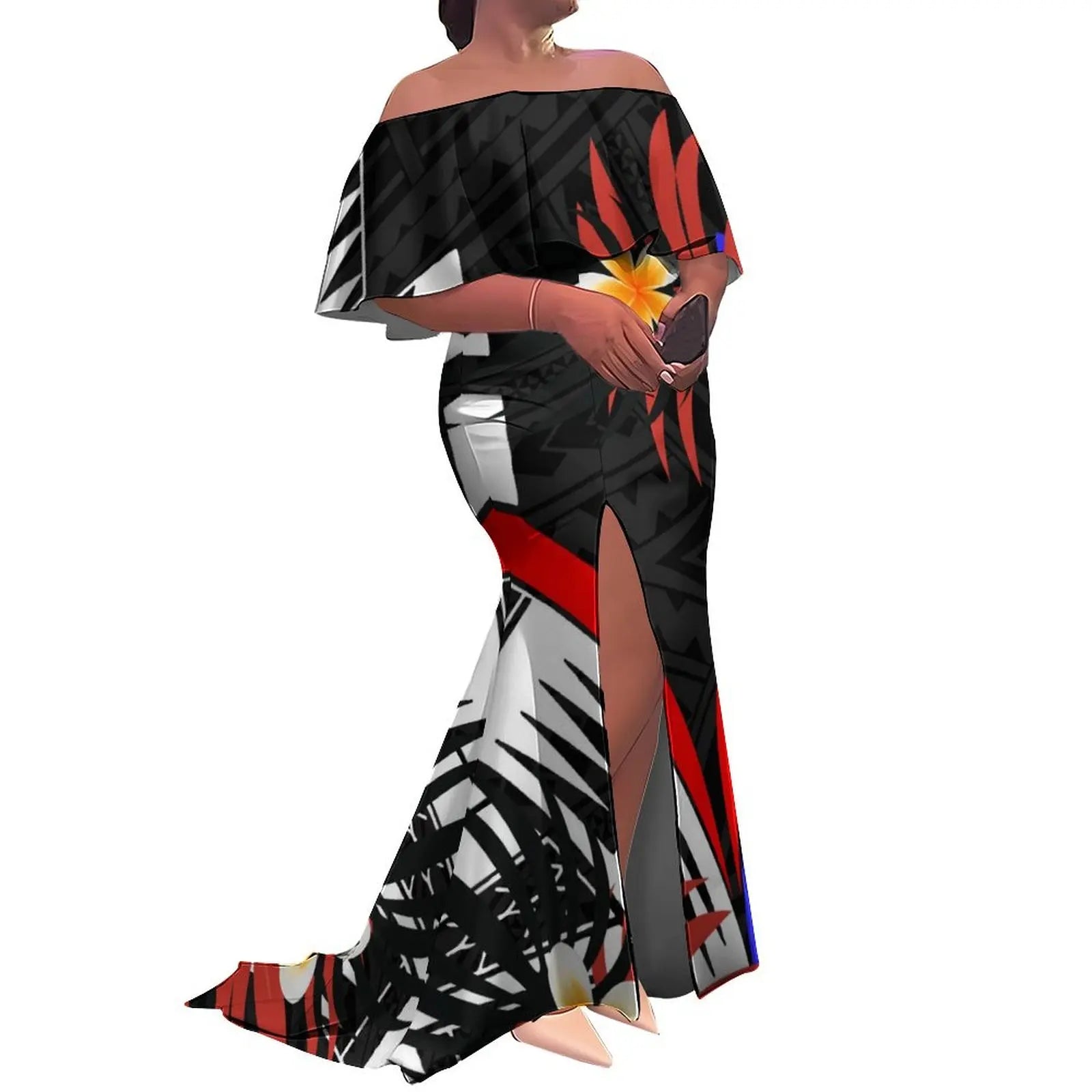 Tax Included Custom  Polynesian Tribal Design  Print Slit Pleated Plus Size Mermaid Dress Off Shoulder Prom Women Dress