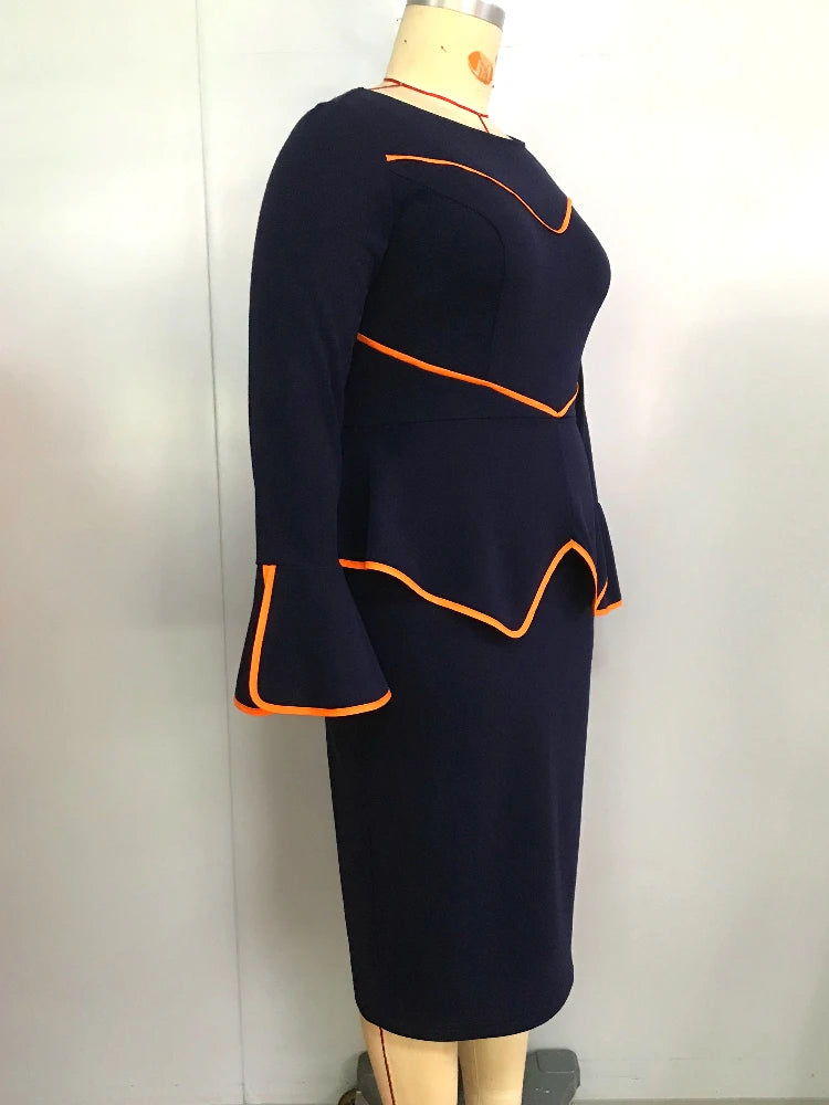 AOMEICN Elegant Womens Office Dress Round Neck Ruffle Edge Long Sleeve Workwear