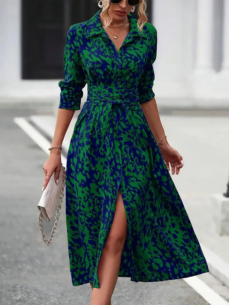 MLZECN European And American Printed Long Sleeve Aline Dress
