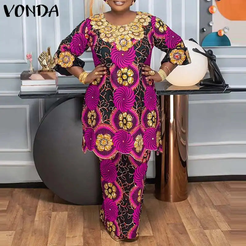 Plus Size 5XL VONDA Women Dress Sets Bohemian Suits Vintage Ethnic Style Floral Printed Long Blouse And Elastic Waist Skirts